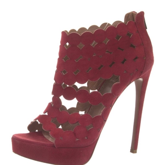 ALAÏA Burgundy Suede Laser-Cut Platform Sandals | IT 37.5 (US 7.5) - Picture 2 of 5